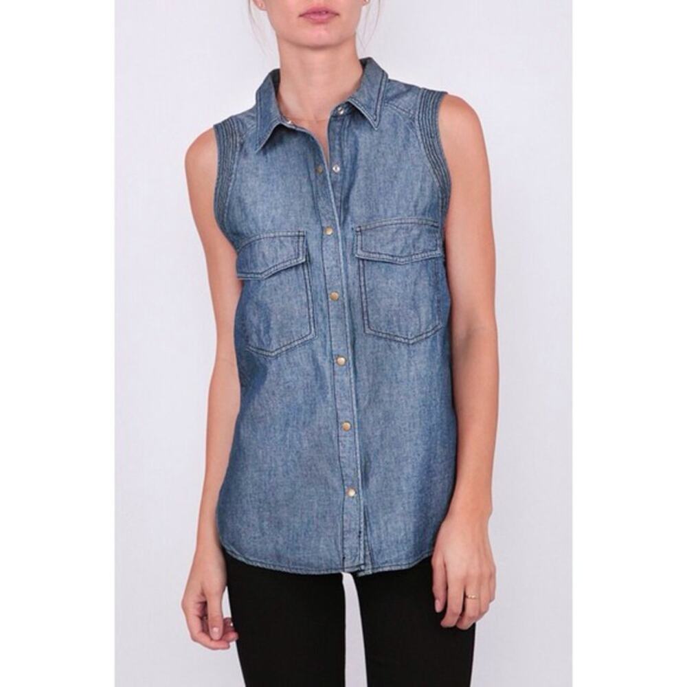 ALC Kelly Top Chambray Denim Blue‎ Collared Snap Front Pockets Sleeveless Sz S